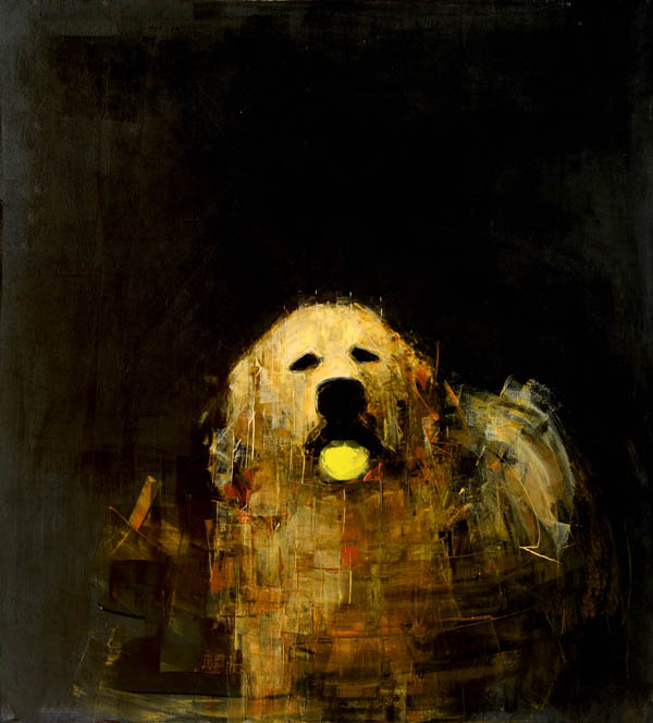 Artist: Rebecca Kinkead Title: Golden Dog with Ball Medium: Oil Painting Size: 46" x 42" Price: $7,975