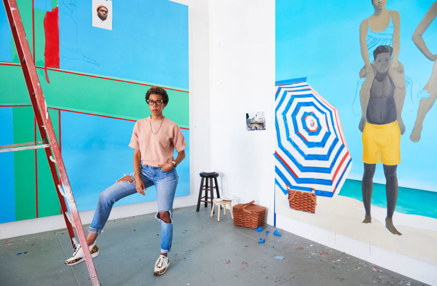 Amy Sherald in her studio, with works in progress