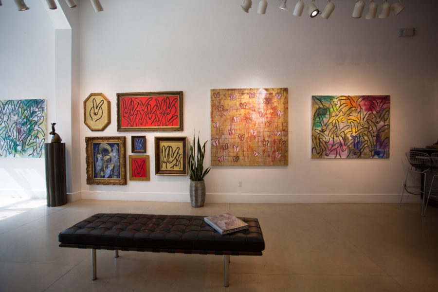 An array of butterflies, parrots, and bunnies by Hunt Slonem at Gallery MAR