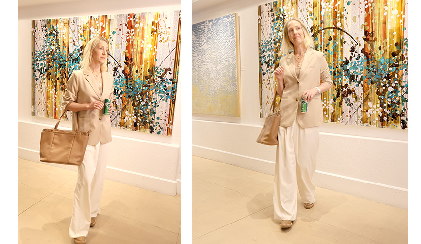 Tone-on-tone suit dressing by Flight Boutique. Paintings by (left to right) Shawna Moore and Nina Tichava.
